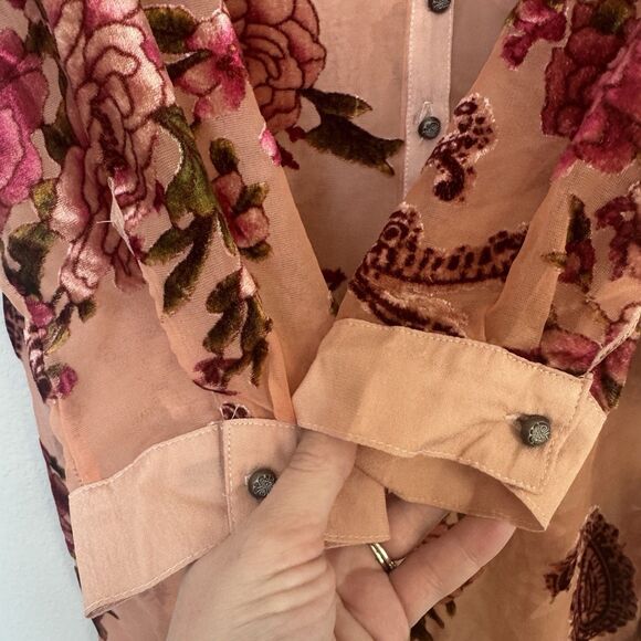 Aratta Silent Journey Velvet Burnout Floral Button Up Shirt Tunic XS Artsy Boho - Picture 6 of 9